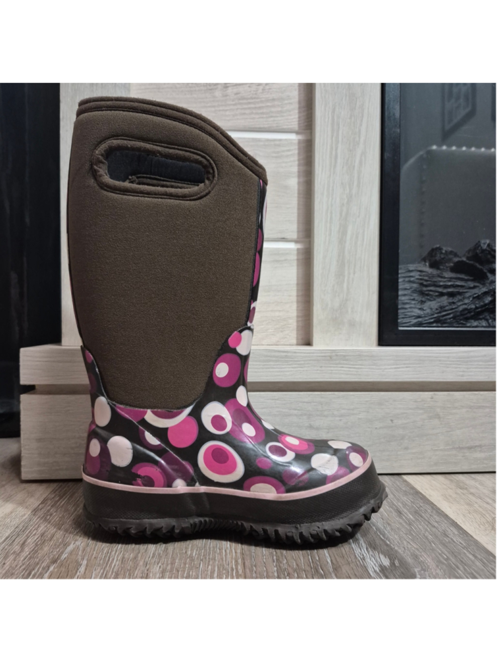 Girls Bogs Winter Boots Brown and Purple Polka Dot Pattern sz 10